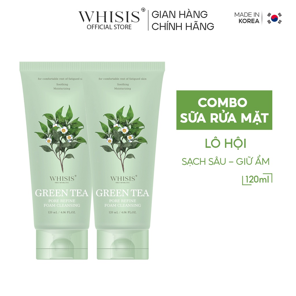 Combo 2 Sữa Rửa Mặt Cho Da Dầu Trà Xanh Hàn Quốc WHISIS Green Tea Pore Refine Foam Cleansing Giảm Mụn Sạch Sâu 120ml