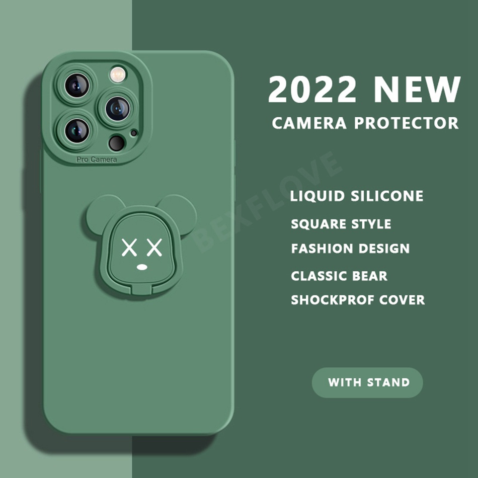 Ốp Điện Thoại Silicon Dẻo Kèm Giá Đỡ Hình Gấu Cho iPhone 14 13 12 11 Pro MAX Mini X XR XS MAX 6 6S 7 8 Plus SE 2020 2022
