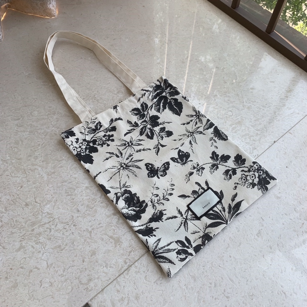 Túi Vải Canvas Đeo Vai In Họa Tiết Hoa Xinh Xắn Dùng Khi Mua Sắm