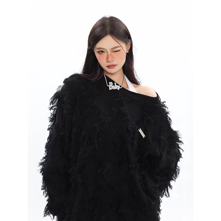 Áo Sweater Cổ Tròn Phối Tua Rua Thời Trang Retro Mỹ Cho Nam Nữ áo len tua rua