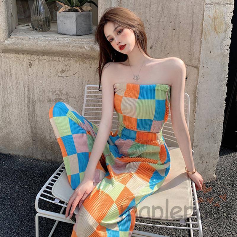 Bộ Trang Phục 2 Mảnh Gồm Áo Không Tay Họa Tiết Kẻ Sọc Nhiều Màu Sắc + Quần Ống Rộng Lưng Cao Co Giãn Dành Cho Nữ