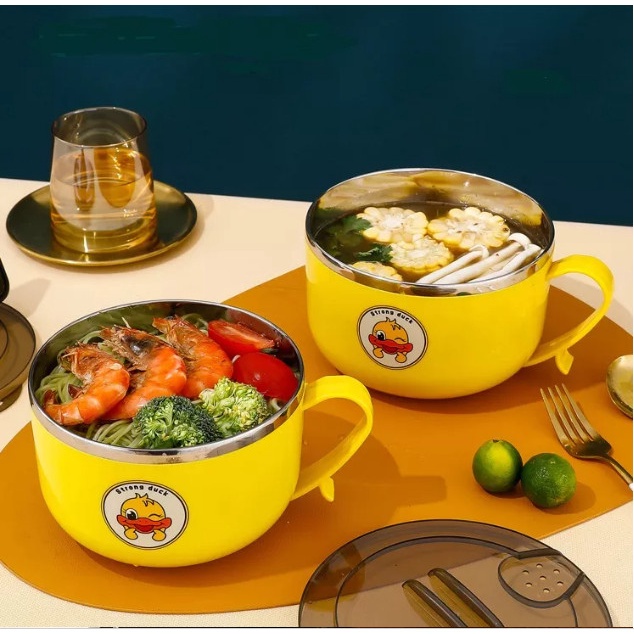 Tô ăn mì - Bát inox có nắp đậy dung tích 1 lít họa tiết vịt vàng