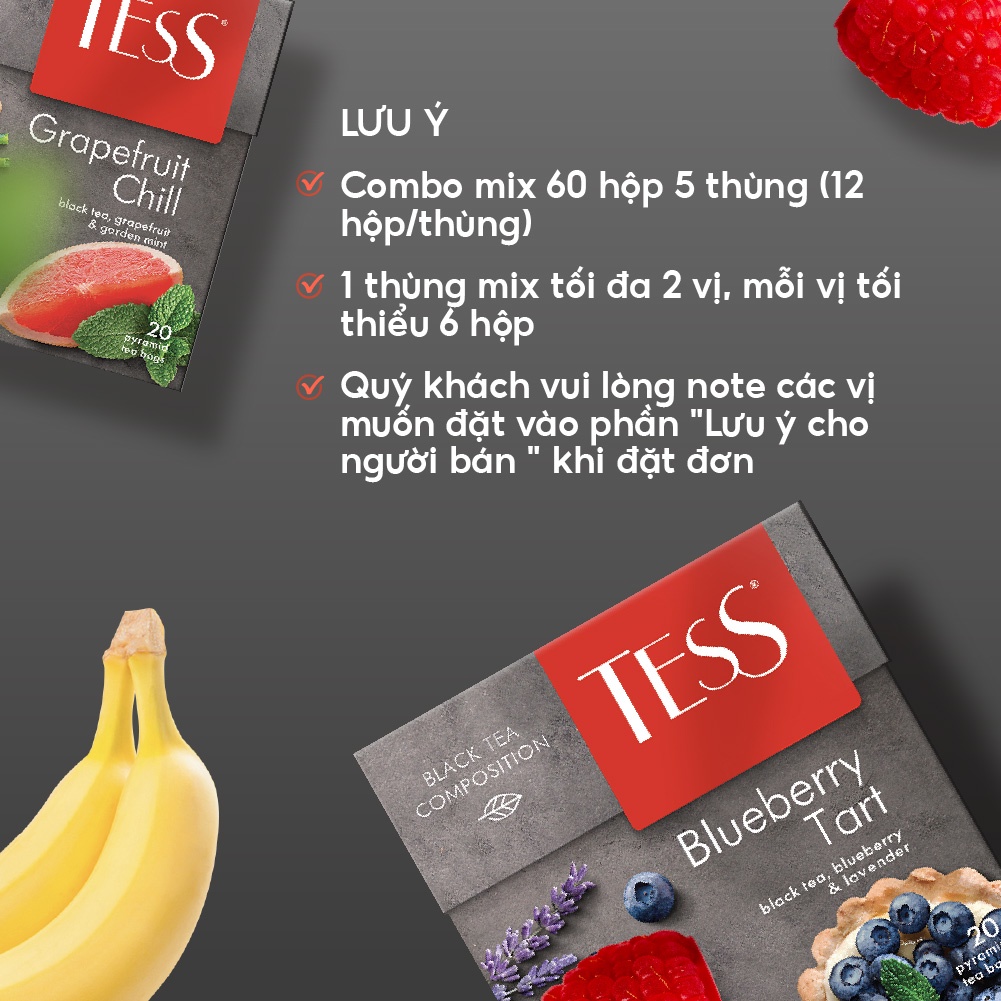 Combo 12 hộp Trà đen Tess Banana Split vị chuối và dâu tây 20 gói/hộp