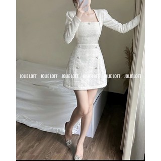 ĐẦM DẠ TRẮNG CỔ VUÔNG ĐÍNH ĐÁ NƠ ( ẢNH THẬT )
