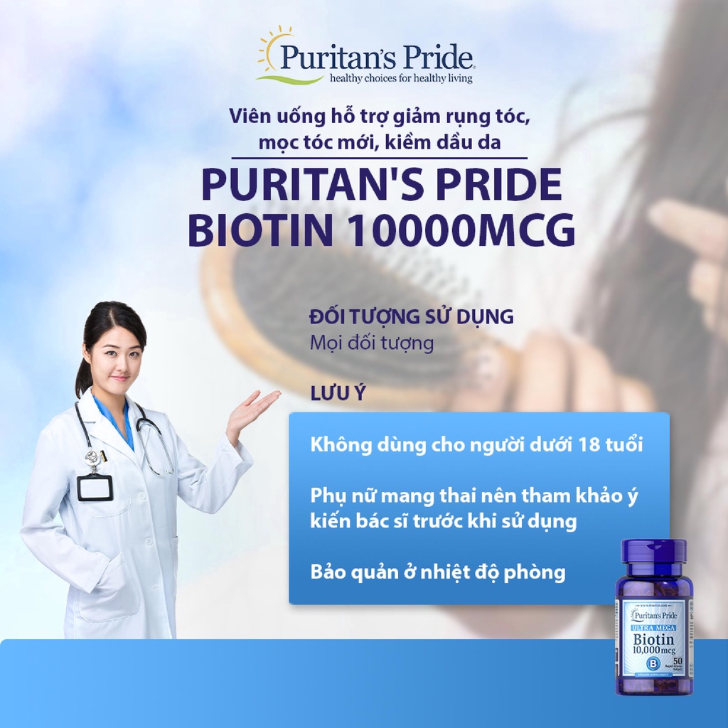 Viên uống Ultra Mega Biotin 10000 mcg Puritan's Pride 100 viên hỗ trợ mọc tóc nhanh, giảm rụng tóc của Mỹ