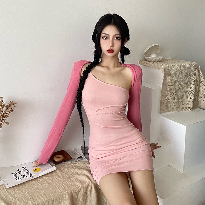 Set Đầm Ôm Trễ Vai + Áo Khoác Cardigan Dài Tay Thời Trang Nữ