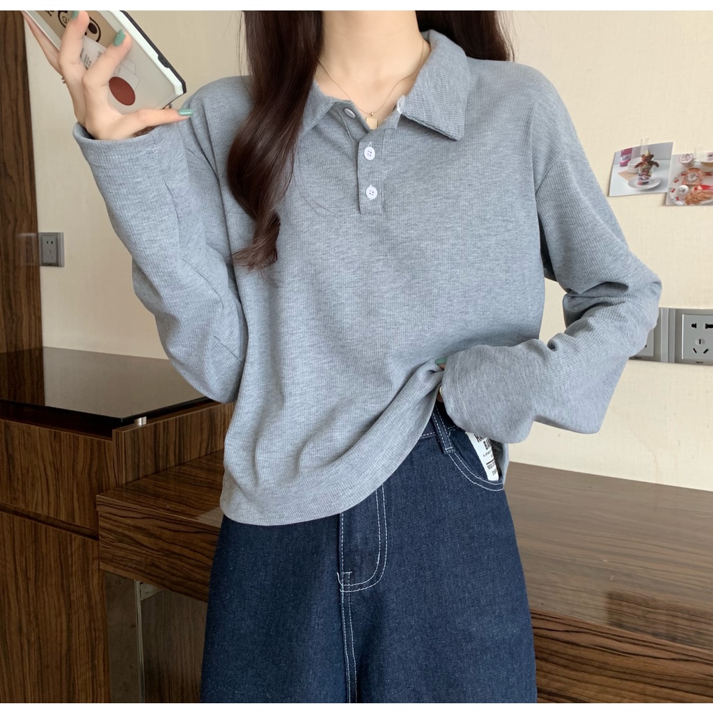 Áo Polo nữ dài tay thu đông A068 vải cotton cá sấu thun dài tay cao cấp dáng rộng 2 màu basic dễ phối đồ