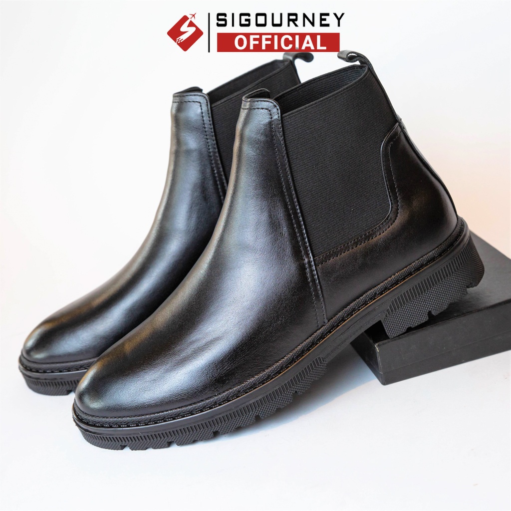 Giày Chelsea Boot Mũi Tròn Trẻ Trung SIGOURNEY Chất Da Bò Màu Đen Trơn BOOTS-02 Bảo Hành 18 Tháng