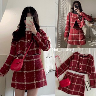 Set áo khoác dạ tweed tiểu thư kèm chân váy kẻ 2 lớp dày dặn