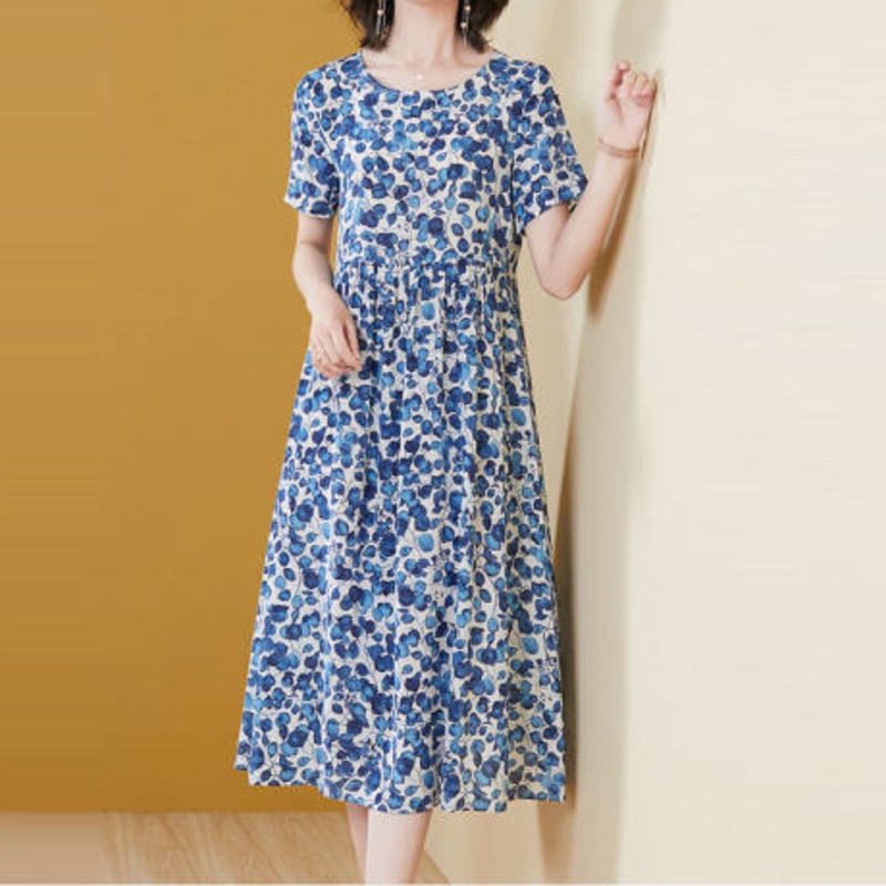 Đầm Midi Tay Ngắn Cổ Tròn In Họa Tiết Hoa Thời Trang Mùa Hè Xinh Xắn Cho Nữ