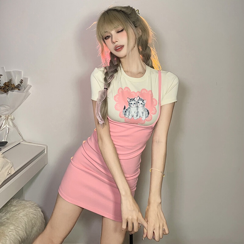 Set áo thun ngắn tay in hình mèo và chân váy ôm mini WEIRD PUSS phong cách thời trang nữ tính
