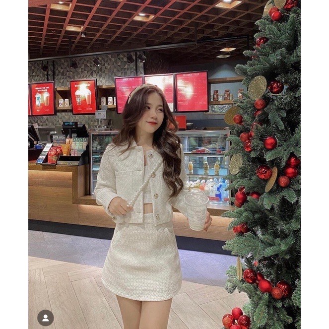 Set dạ tweed tiểu thư cao cấp dày dặn , Set 2 món xinh xắn , Áo khoác dạ croptop GLIN.VN
