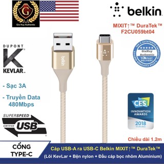 Cáp sạc nhanh cao cấp Belkin MIXIT↑™ DuraTek™ F2CU059bt04 A to C dòng sạc 3A - chiều dài 1.2m
