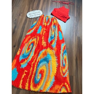 Sét chân váy maxi dập ly áo cổ yếm du lịch