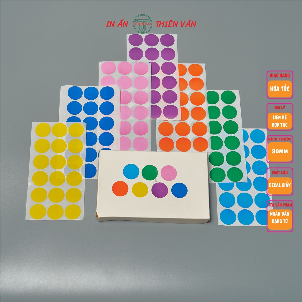 Nhãn Dán Tem Tròn Chấm Bi Thiên Văn, Phi 15mm - 20mm - 30mm - 40mm - 50mm - tem đánh dấu, tem dán lỗi, tem phân loại
