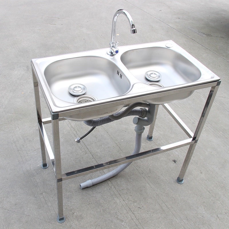 Chậu rửa chén 2 hộc inox 75*40*75cm kèm chân, vòi, bộ xả nước