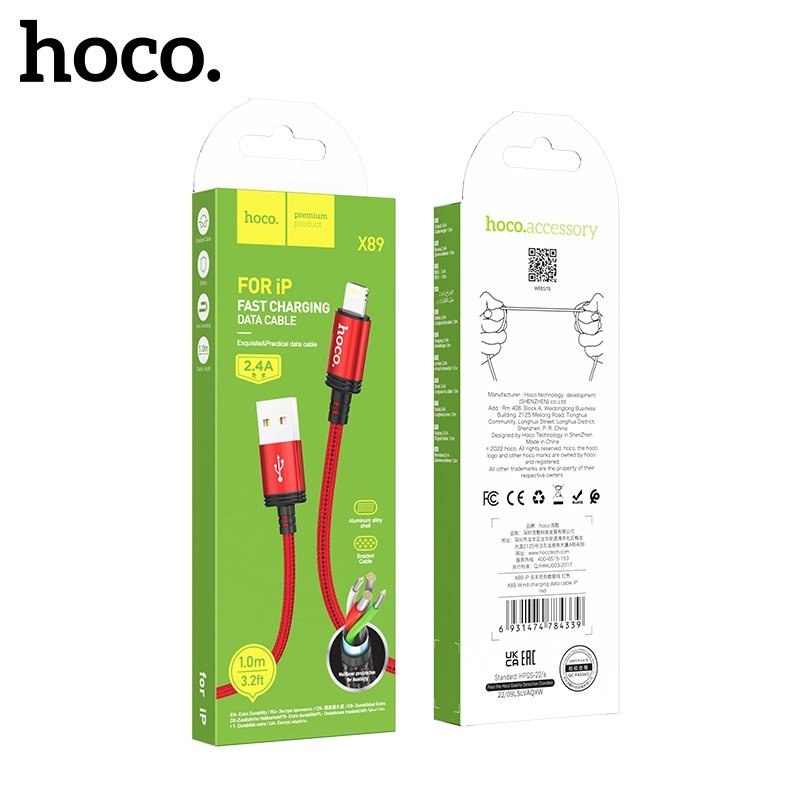 Cáp sạc 2.4A Hoco X89 vải dù bện chống rối cho 6/7/8 dài 1M