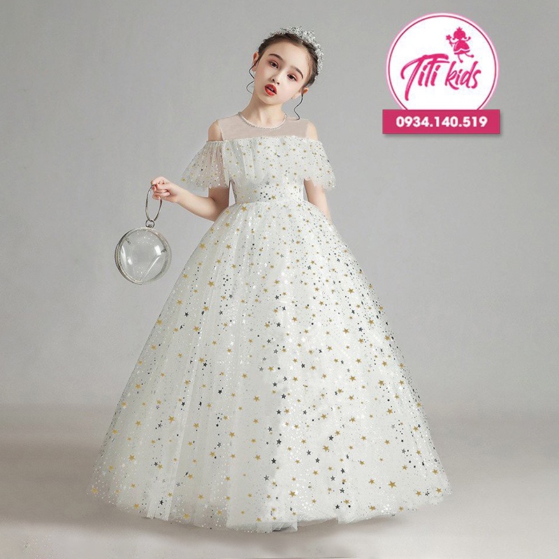 Đầm Công Chúa Bé Gái TiTiKids Đầm Trắng Dài Ngôi Sao CC221