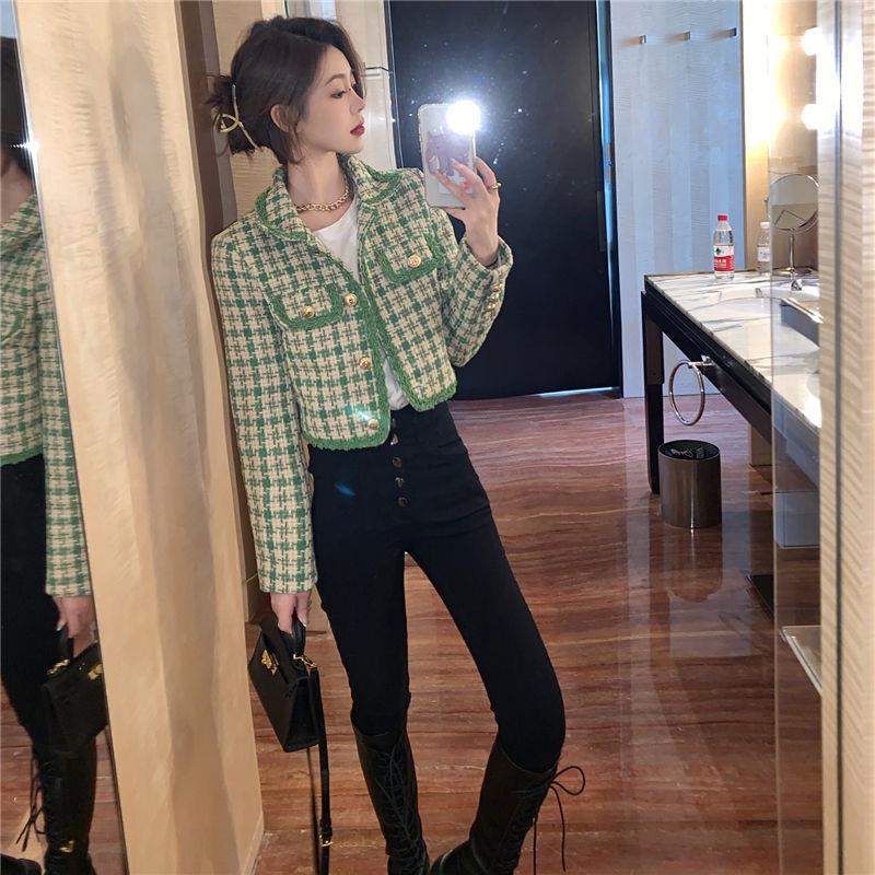 【TẾT có thể giao hàng】Áo Khoác Vest Ngắn Mỏng Kẻ Sọc Caro Xanh Lá Phong Cách Retro Mùa Xuân 2022 Mới Cho Nữ