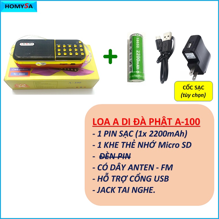 Máy nghe pháp A Di Đà Phật A100 - Loa mp3 A-100 đa năng nghe nhạc kinh phật đài FM - Loại 1 pin - thẻ nhớ - 3W