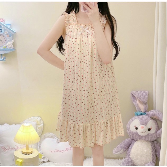Váy ngủ đầm ngủ 2 dây bản to nhún bèo nữ tính mặc ở nhà dễ thương cho mùa xuân, mùa hè, mua thu vải thun lạnh | BigBuy360 - bigbuy360.vn