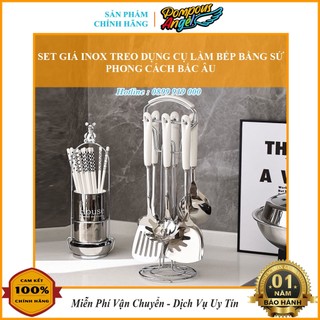 🆘 Bộ dụng cụ nhà bếp 7 món cán sứ có giá treo inox màu trắng cao cấp