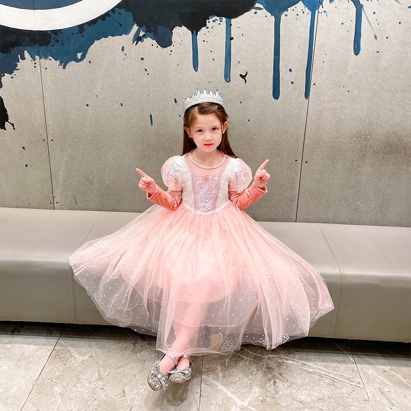 Váy Elsa tay dài màu hồng cam - mẫu mới 2023 cho bé gái 3-10 tuổi