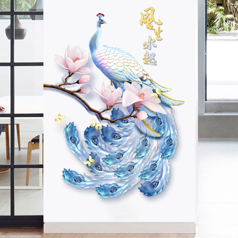 Mới Sticker Dán Tường Họa Tiết Hình Con Công Và Hoa Màu Xanh Nước Dùng Trong Trang Trí Phòng Khách, Phòng Ngủ