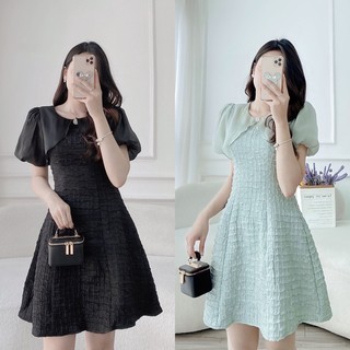 [JAMELA] Đầm midi cổ tròn tay phồng phối tơ