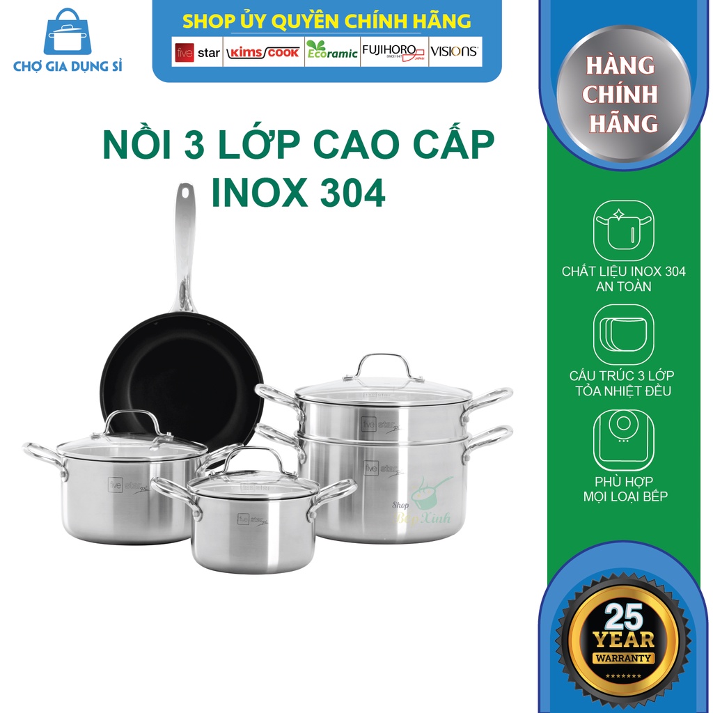 Bộ nồi chảo inox 304 cao cấp Fivestar 3 lớp đáy liền dùng được bếp từ , gas , hồng ngoại