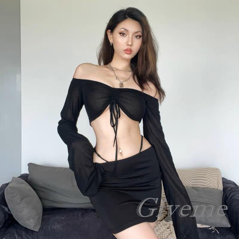 Bộ 2 Món Áo Croptop Trễ Vai Tay Dài + Chân Váy Lưng Thấp Màu Trơn Xinh Xắn Cho Nữ