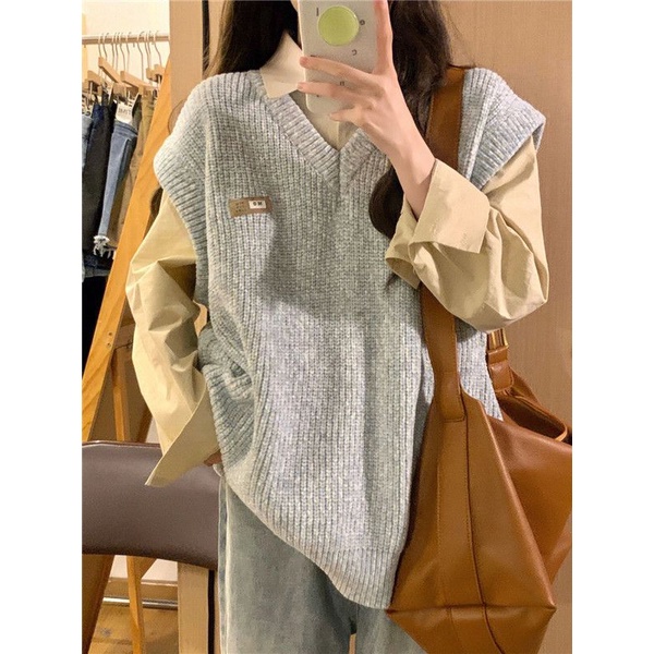 Áo Dệt Kim Sát Nách Cổ Chữ V Màu Xám Thời Trang Mùa Thu Cho Nữ Sinh