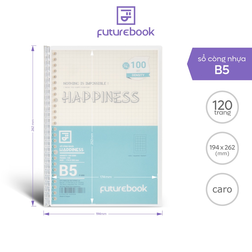 Sổ Còng Nhựa Happiness B5- Dòng kẻ Caro- 120 Trang. MSP B890. Phong cách Nhật Bản. VPP FUTUREBOOK. Giao mẫu ngẫu nhiên.