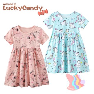 Đầm Luckycandy vải cotton in họa tiết kỳ lân và cầu vồng đáng yêu cho bé gái mặc đi chơi