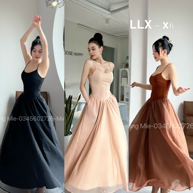 Váy maxi 2 dây thun phối chân tơ xếp 2 lớp có túi sườn hàng chuẩn mẫu l1