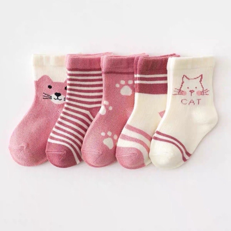 Set 5 Đôi Vớ Cotton Thoáng Khí Thấm Hút Mồ Hôi In Họa Tiết Dễ Thương Dành Cho Bé Trai và Gái  0-5y