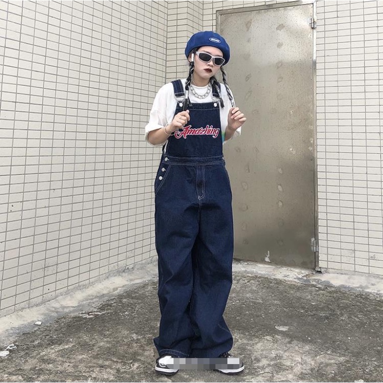 Quần Yếm Denim Dài Ống Rộng Thêu Họa Tiết Phong Cách Retro Mỹ Mới Cho Nữ