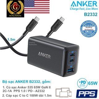 Bộ sạc b2332: củ sạc nhanh anker 535 pps/pd 65w 2c1a - a2332, kèm cáp sạc c to c pd 100w dài 1.5m