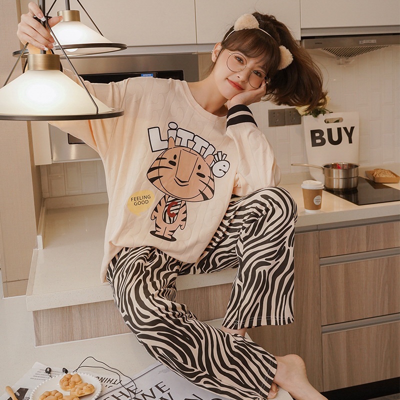 Bộ Đồ Ngủ Chất Liệu Cotton Tay Dài Họa Tiết Kẻ Sọc Đơn Giản Thời Trang Xuân Thu Cho Nữ