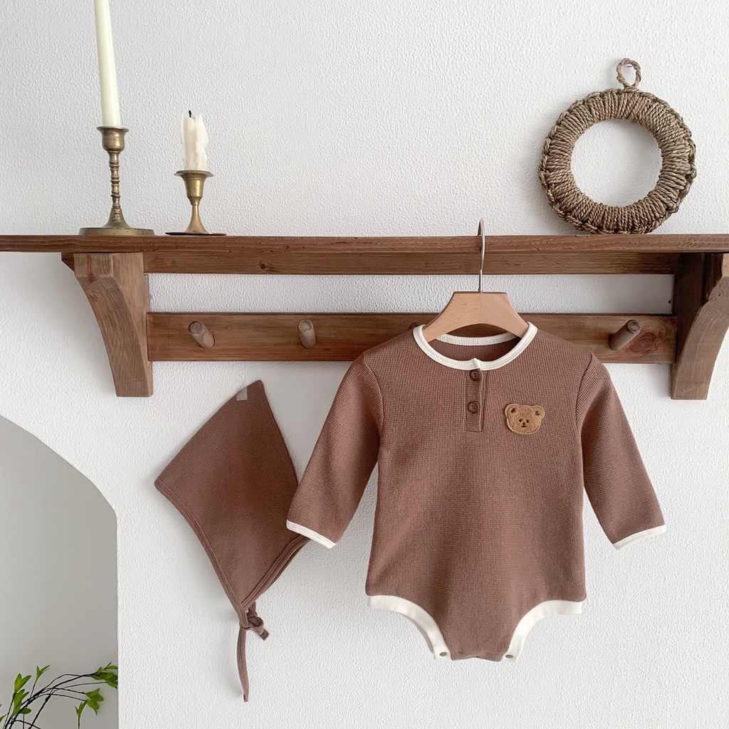 Bộ Áo Liền Quần Tay Dài In Hình Gấu Waffle Dễ Thương Thời Trang Xuân Thu Cho Bé Sơ Sinh