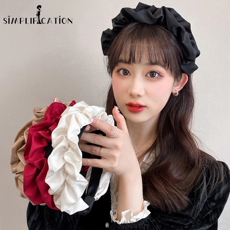 Băng Đô Satin Bản Rộng Xếp Ly Màu Trơn Thời Trang Ngọt Ngào Cổ Điển Cho Nữ