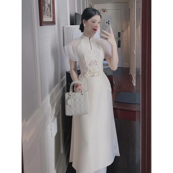 Áo Dài Cách Tân LAROSE ,Áo Dài Đính Kết Tiểu Thư Sang Chảnh Kèm Quần Lụa Cao Cấp