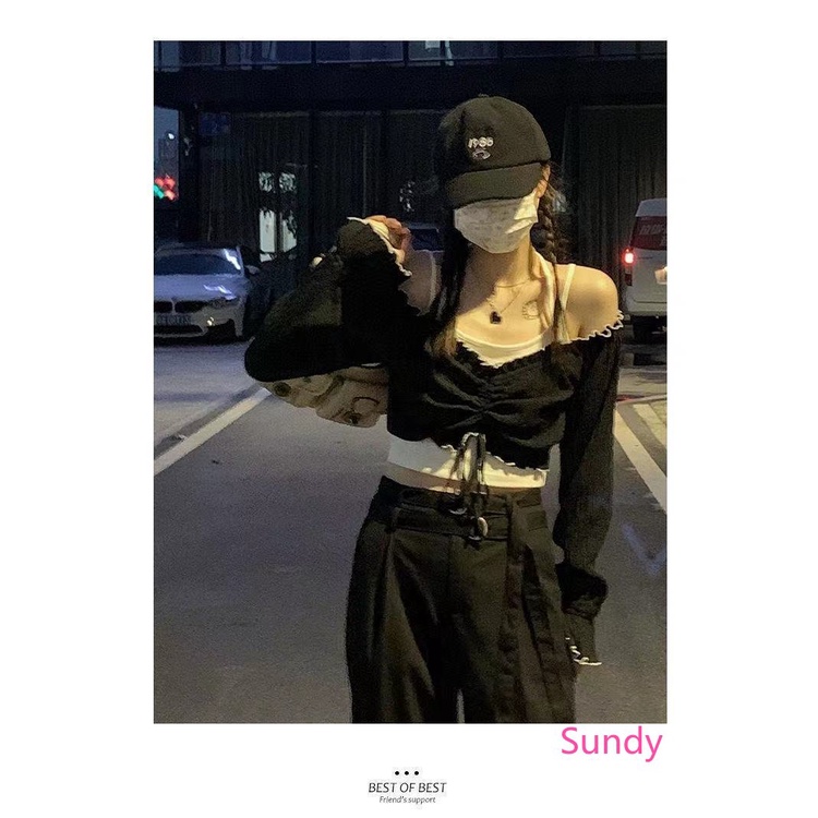 Áo Thun Tay Dài Hở Vai Phối Dây Rút Dáng Rộng Thời Trang Mùa Xuân Phong Cách Hàn Quốc Cho Nữ