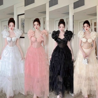 Đầm xoè maxi tay bèo đính đá cao cấp