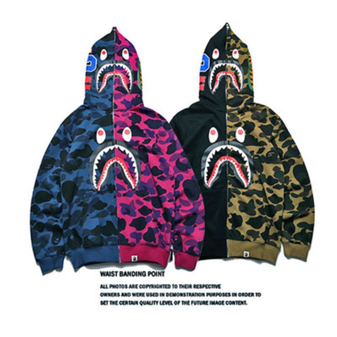 Áo Khoác Hoodie Chui Đầu Dáng Rộng In Họa Tiết Đầu Cá Mập Rằn Ri BAPE 2023 A Bathing Ape Có Khóa Kéo Giản Dị Dành Cho Nam Và