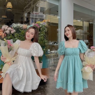 MINSH - Đầm babyboll tay phồng nhún ngực viền ren nổi 8032, thiết kế độc quyền cao cấp, thời trang nữ, dễ thương