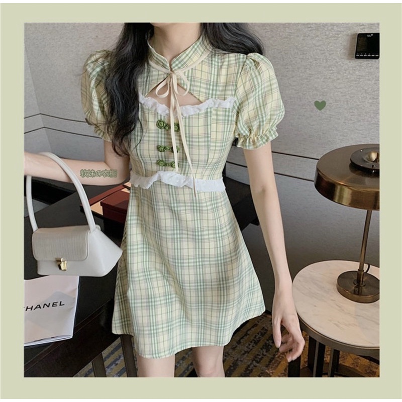 Đầm Sườn Xám Cách Tân Màu Xanh Lá Thiết Kế Mới Thời Trang Mùa Hè Dành Cho Nữ