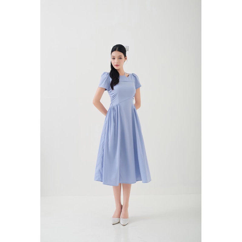 Đầm midi cut out vai 1 bên nhún eo tay ngắn thời trang GAGO màu đen và xanh dương GG4228/ GG4244