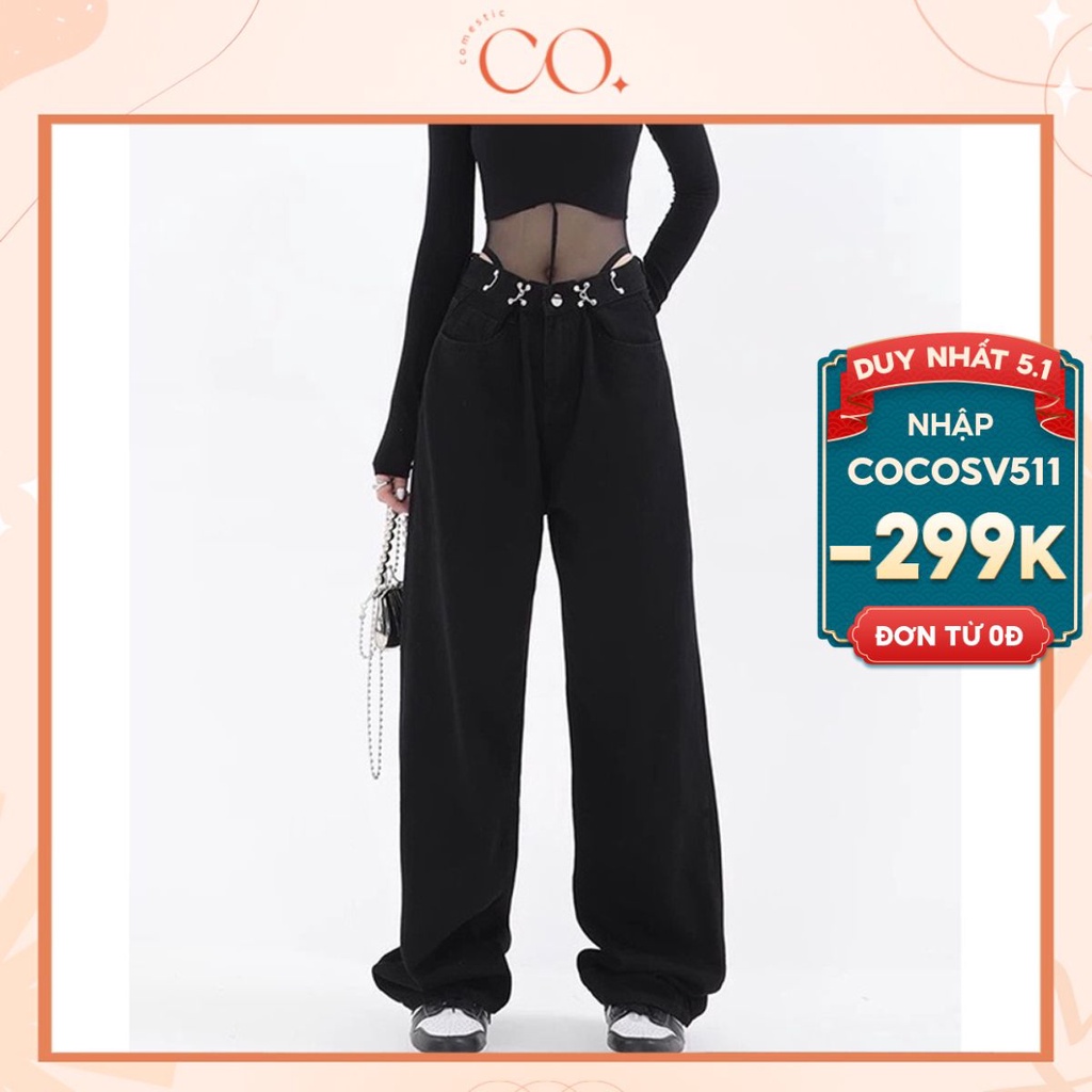 Quần Jean dài cạp siêu cao ống rộng, quần jean dài dáng thụng_j24