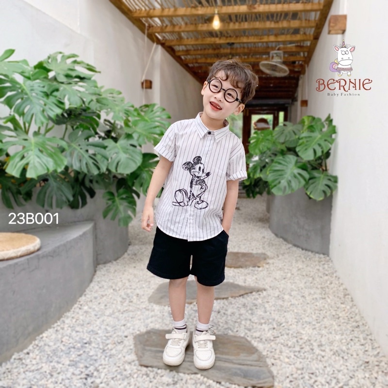 Bộ sơmi bé trai Bernie kẻ hoạ tiết Micky chất thô cho bé từ 8-22kg-23B001